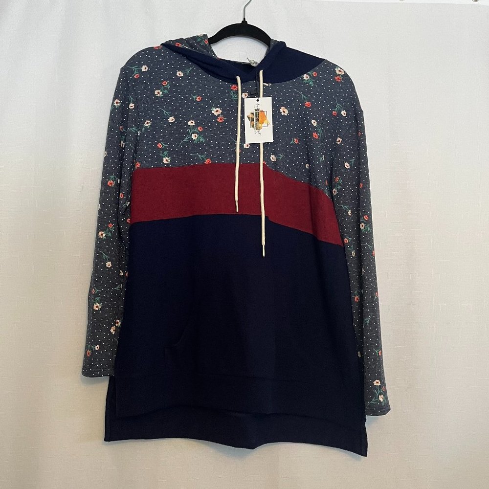 NWT Emerald Long Sleeve Hooded Colorblock Sweatshirt w/ Floral Print Blue small